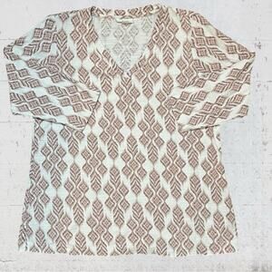 J. Jill Top Women Pullover Ikat Geometric 3/4 Sleeve V-Neck Shirt Size M